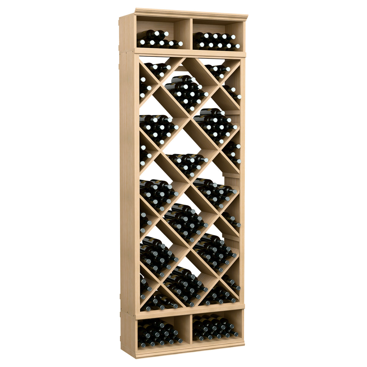 Light tan solid wood wine storage cabinet with diamond lattice bottle racks