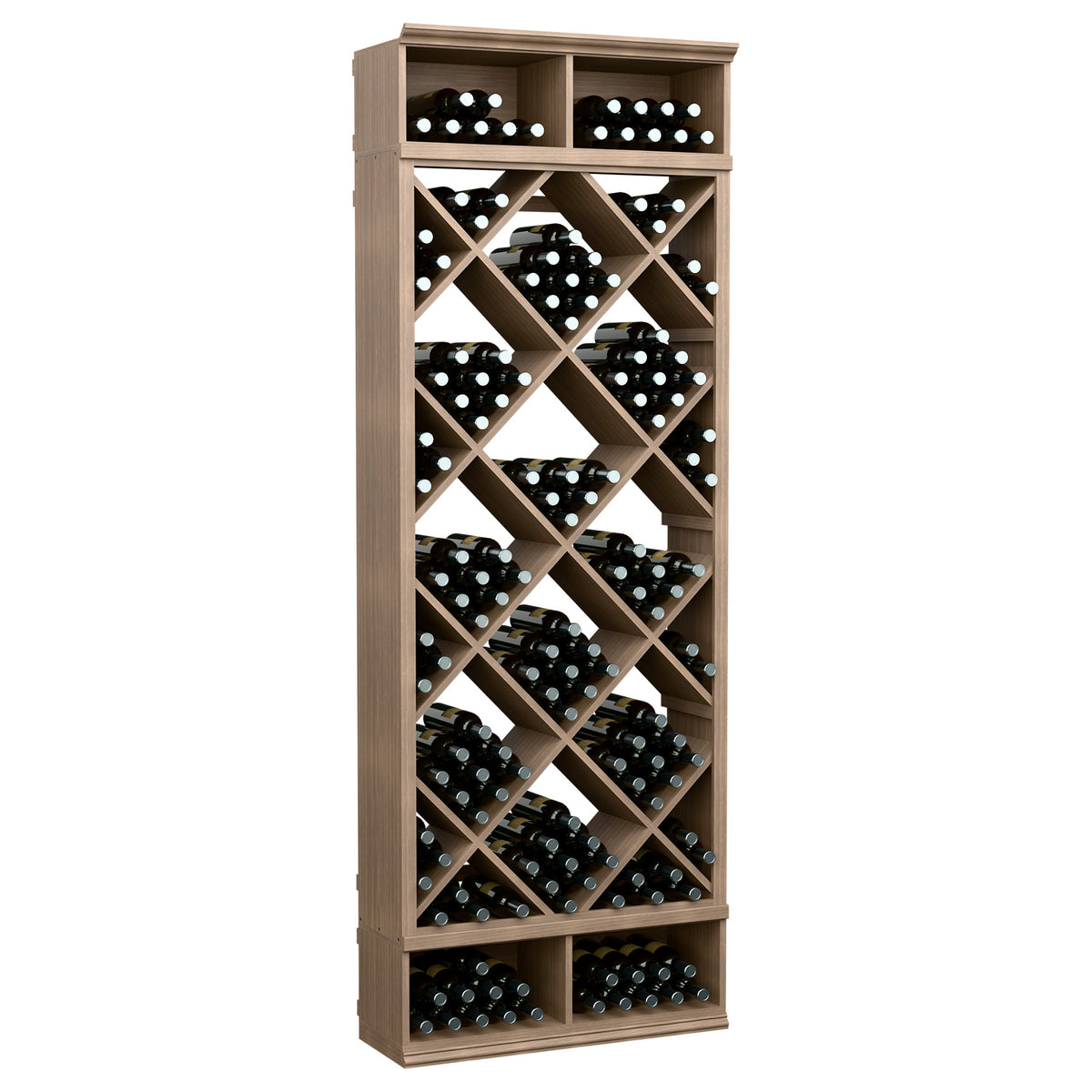 Light wood wine storage cabinet with diamond lattice bottle racks