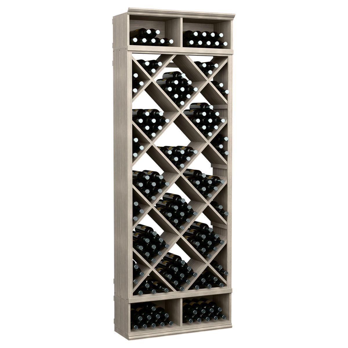 Gray wine bottle storage cabinet with diamond-grid racks and multiple bottle slots