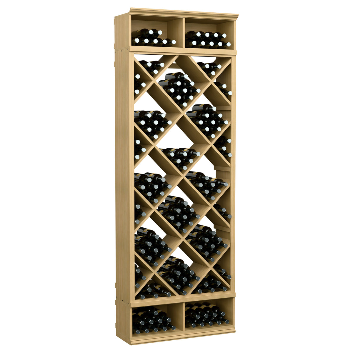 Light wood wine bottle storage cabinet with diamond-grid racks and multiple bottle slots