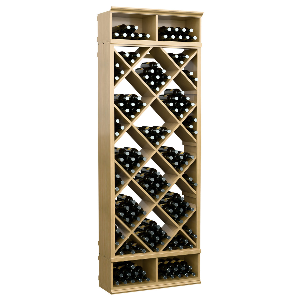 Light wood wine bottle storage cabinet with diamond lattice racks and multiple bottle slots