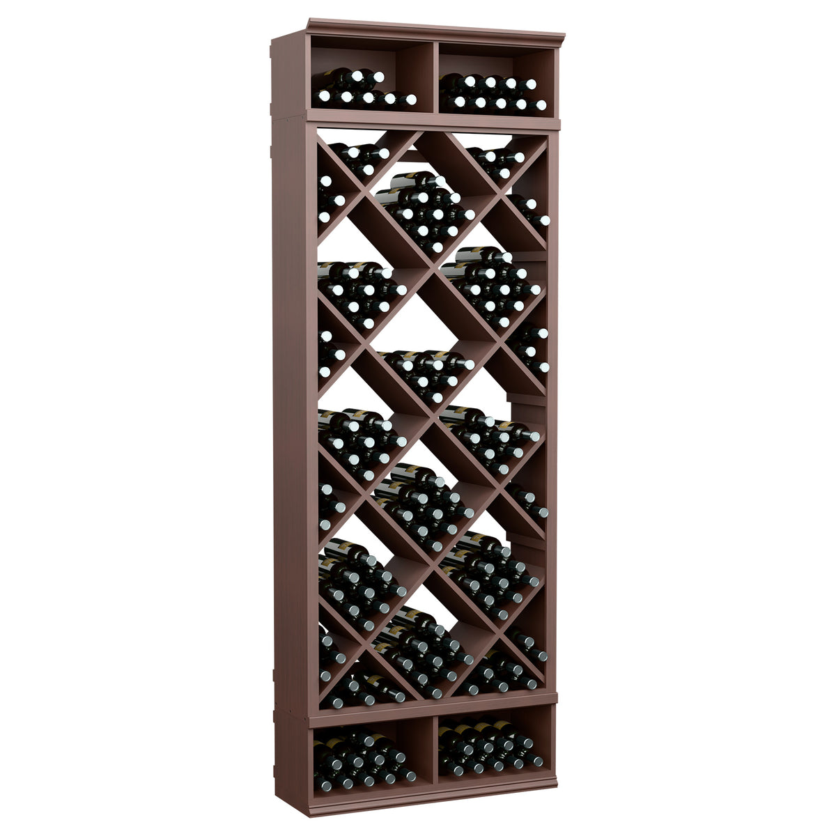 Dark brown wine bottle storage cabinet with diamond-grid racks and multiple bottle slots