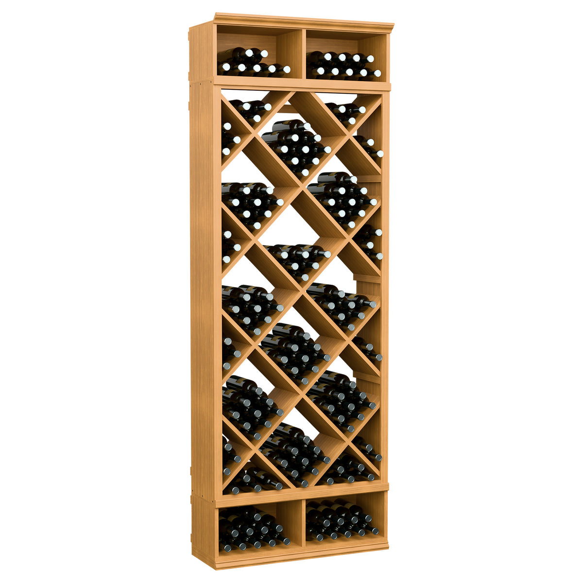 Natural wood wine bottle storage cabinet with diamond-grid racks and multiple bottle slots