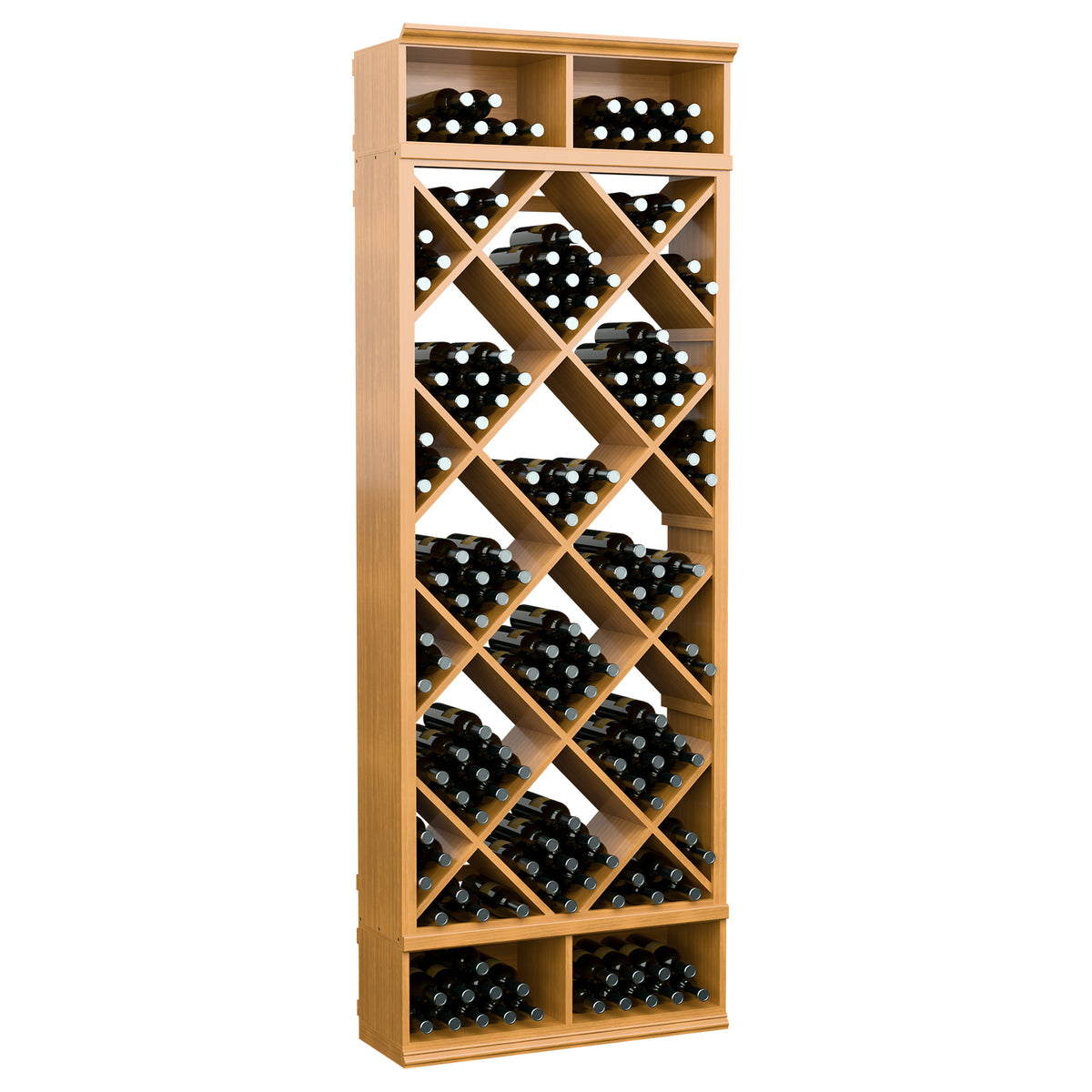 Natural wood wine bottle storage cabinet with diamond lattice racks and multiple bottle slots