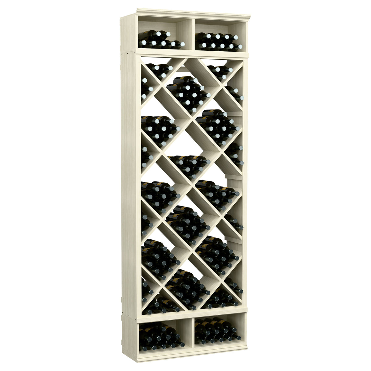 White wine bottle storage cabinet with diamond-grid racks and multiple bottle slots