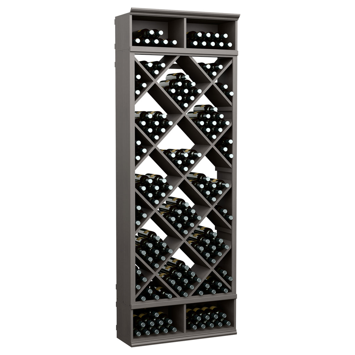 Gray wine bottle storage cabinet with diamond lattice shelves and top cubbies