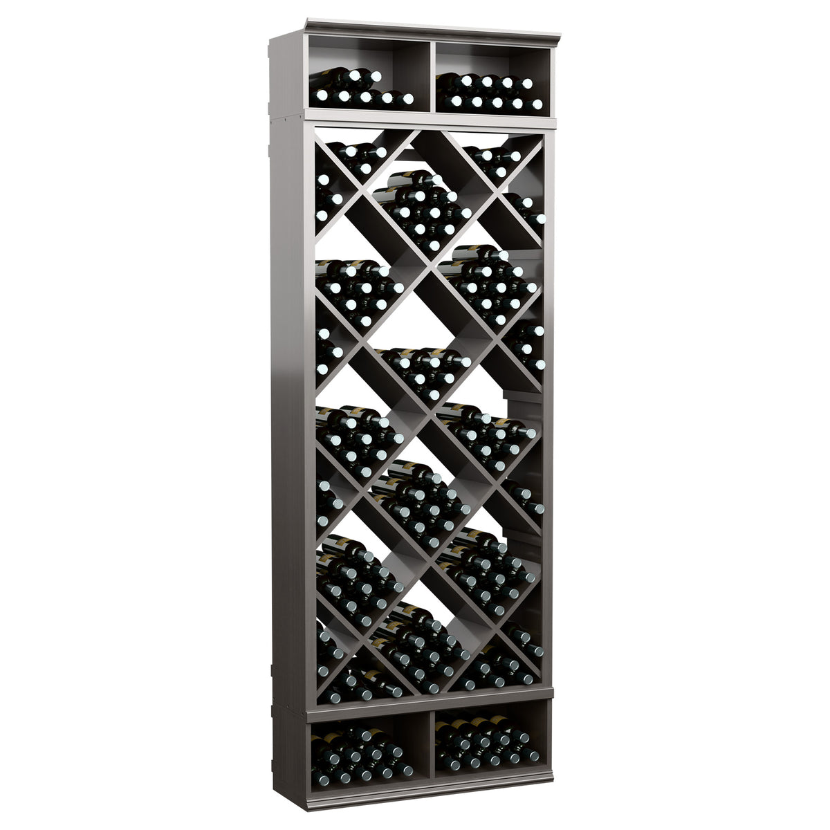 Gray wine bottle organizer cabinet with diamond crisscross shelves and bottle cubbies