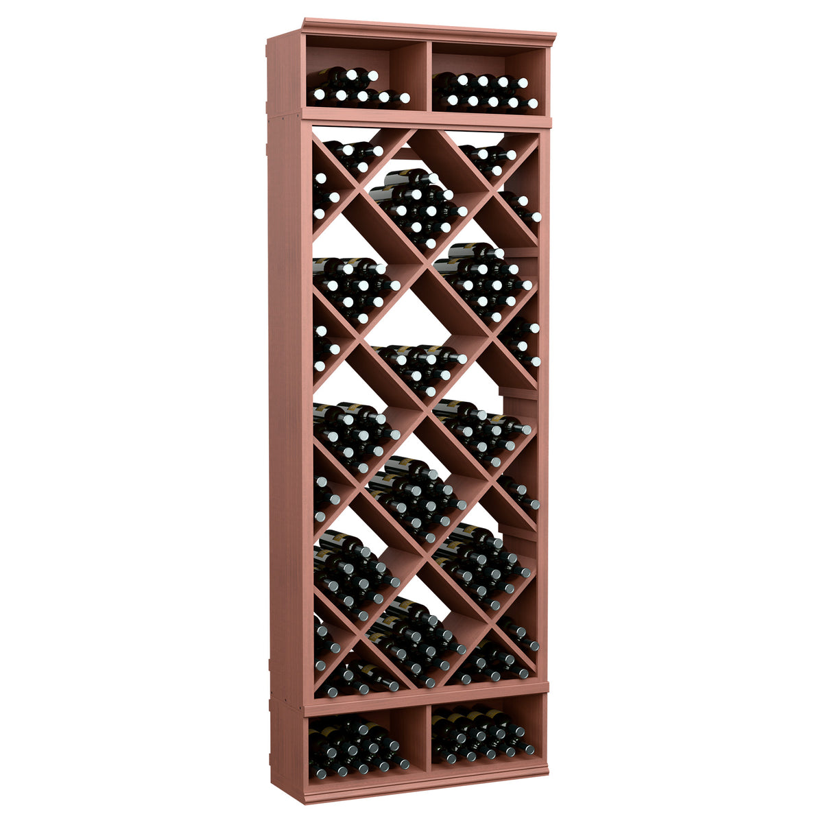 Red wine bottle storage cabinet with diamond lattice shelves and top bottle cubbies