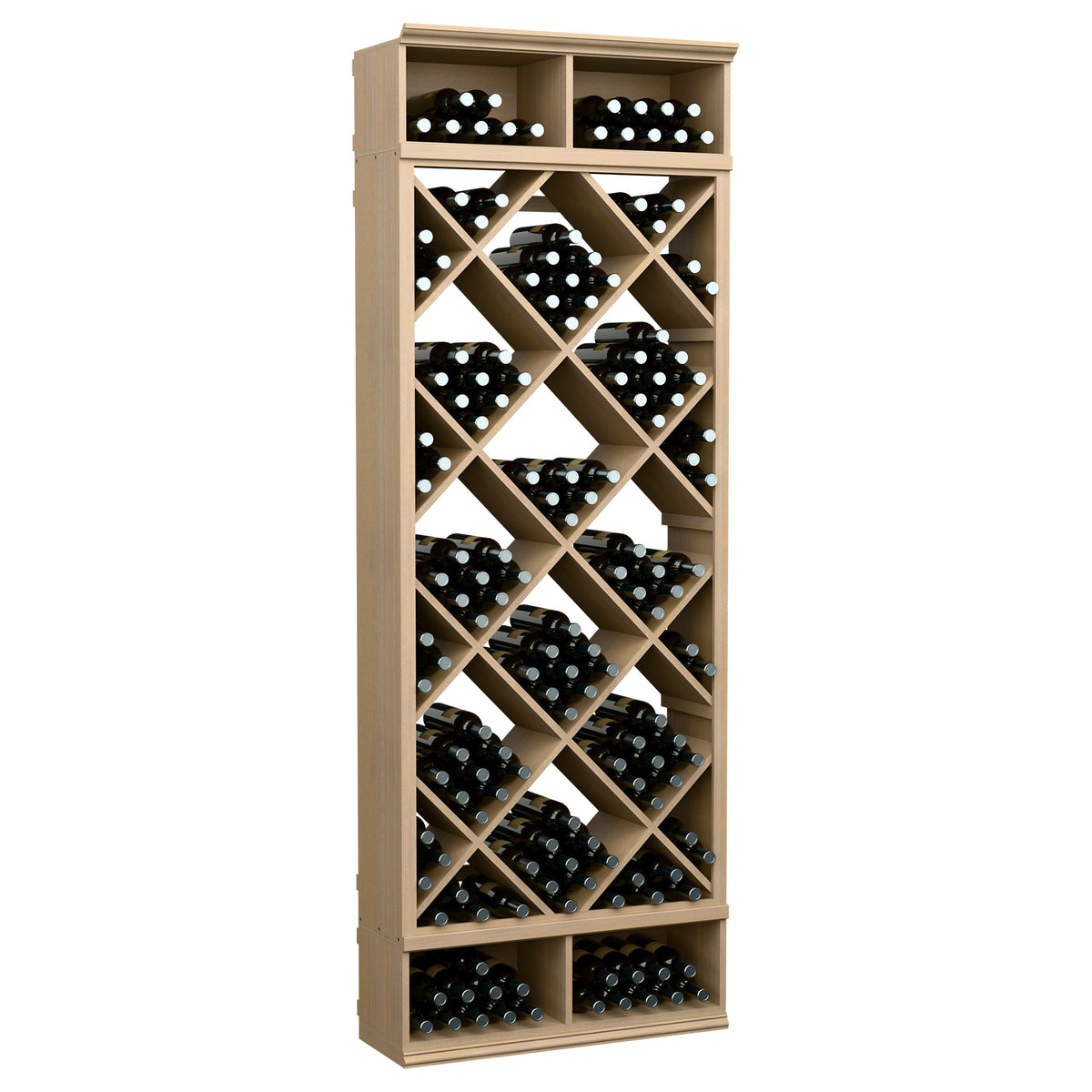 Beige wine bottle storage cabinet with diamond lattice shelves and top bottle cubbies