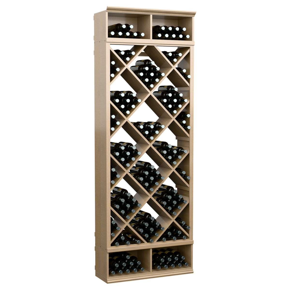 Beige wine bottle organizer cabinet with diamond crisscross shelves and bottle cubbies