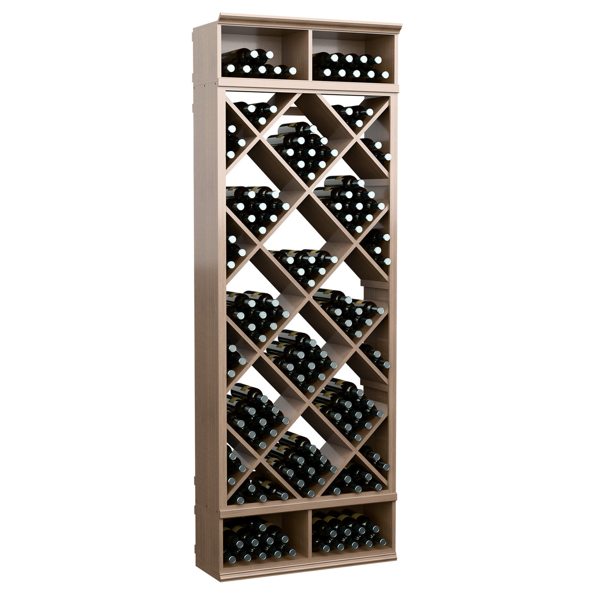 Light brown wine bottle organizer cabinet with diamond crisscross shelves and bottle cubbies