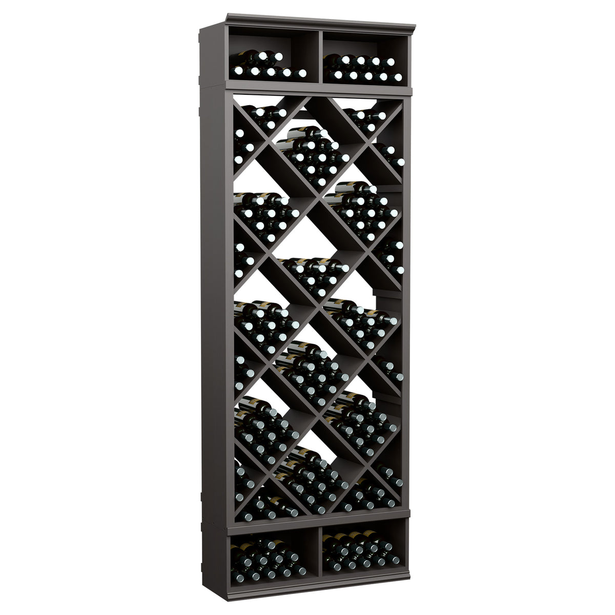 Dark gray wine bottle storage cabinet with diamond lattice shelves and top bottle cubbies