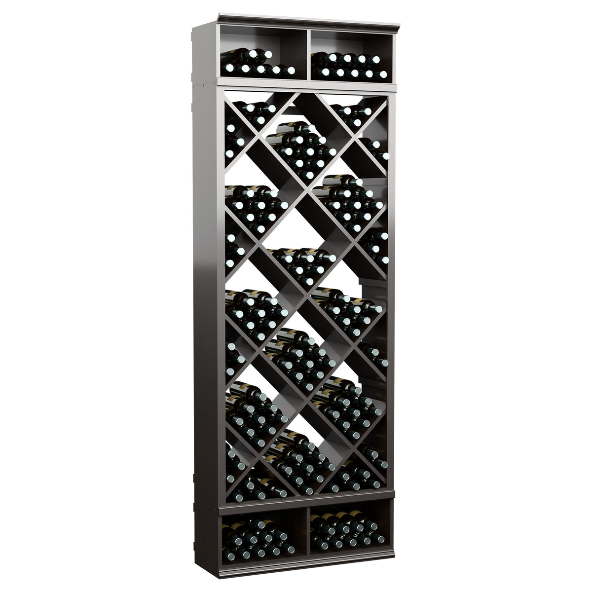 Dark gray wine bottle organizer cabinet with diamond crisscross shelves and bottle cubbies