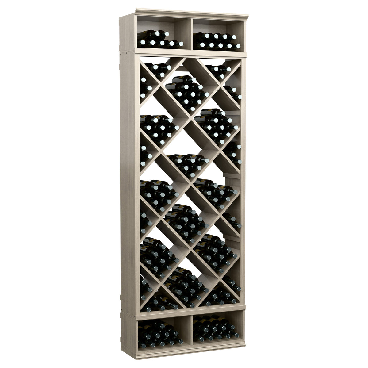 Grey diamond-lattice wine bottle rack with front bottle display compartments