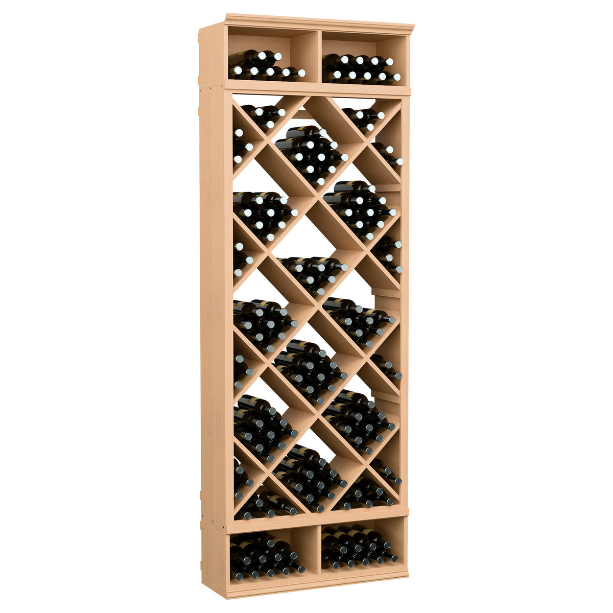 Natural wood wine bottle storage rack with diamond grid and filled bottle slots