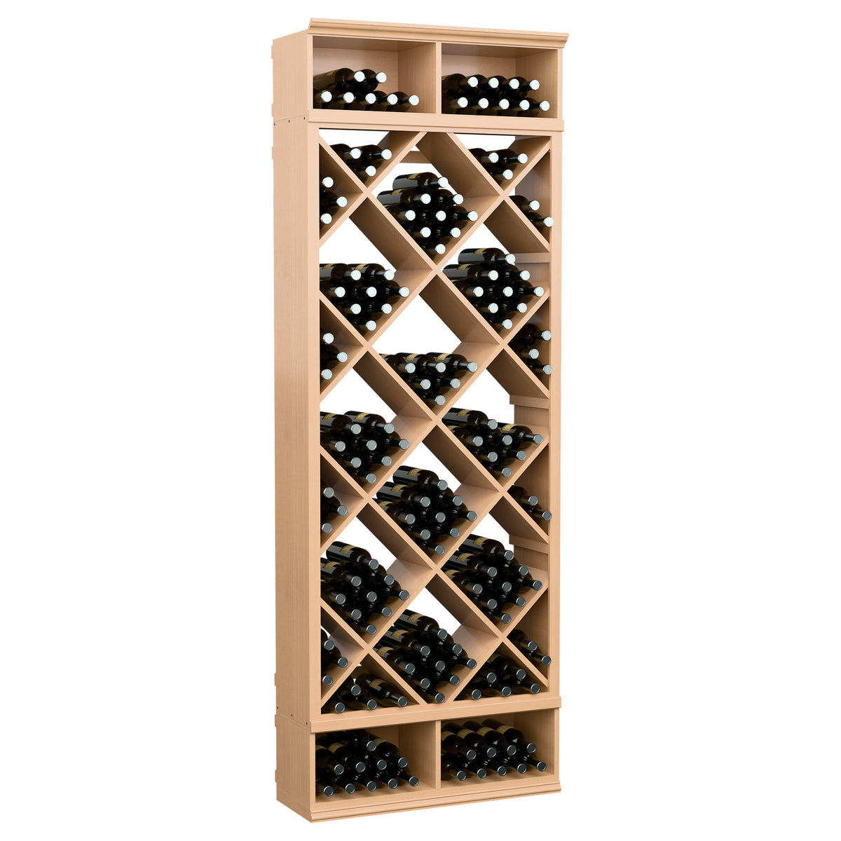 Light wood wine bottle rack featuring diamond lattice shelves for bottle storage