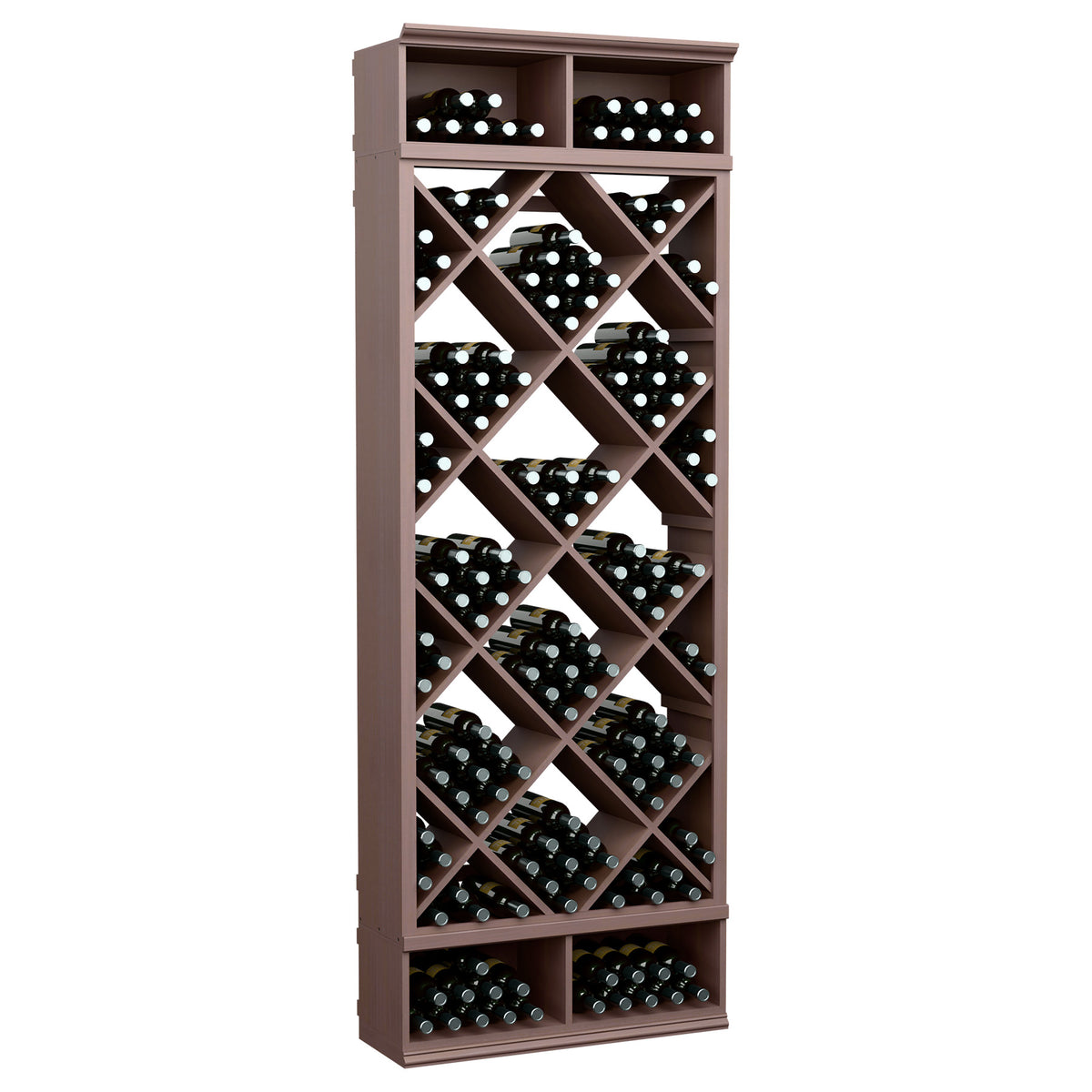Dark brown wooden wine bottle storage rack with diamond grid and bottle compartments