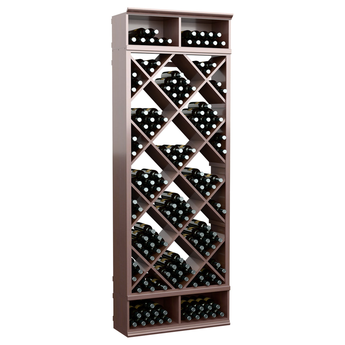 Espresso-toned wine bottle rack with diamond-lattice shelves holding bottles