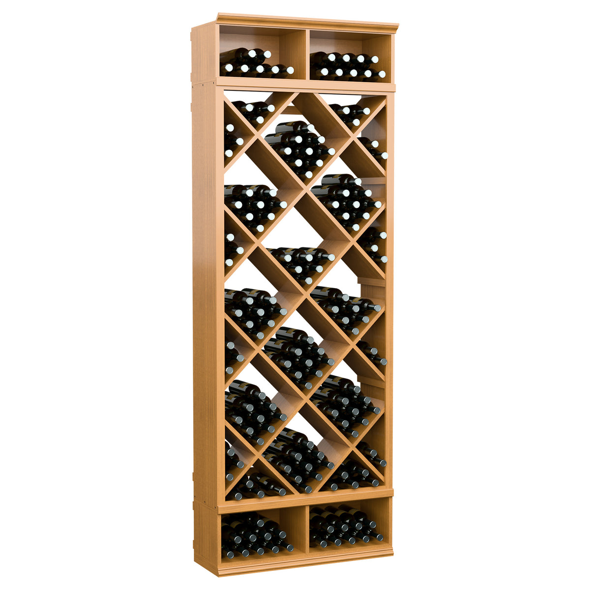 Light golden wine bottle rack with diamond lattice shelving and bottle storage
