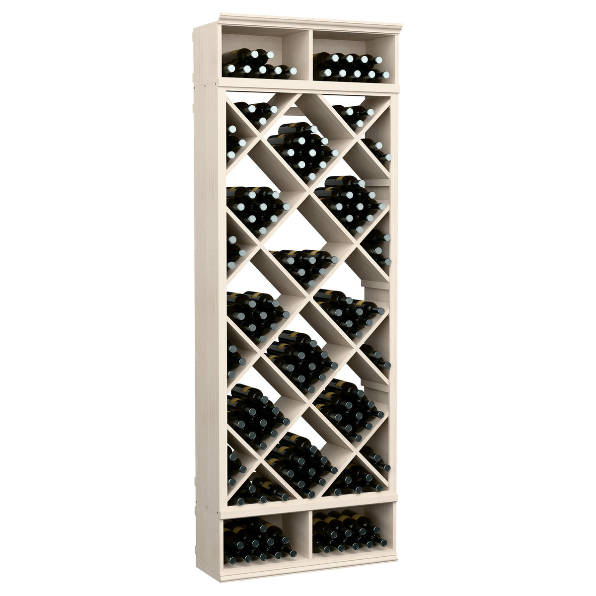 White wooden wine bottle storage rack with diamond grid and multiple bottle slots