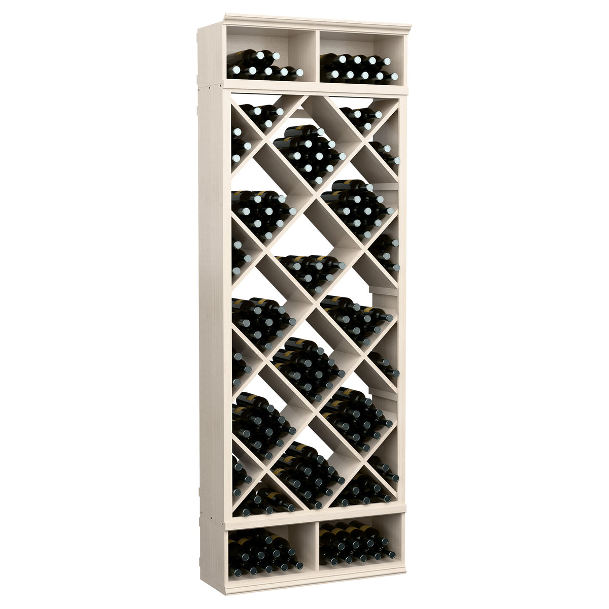 White-washed wine bottle rack with diamond lattice shelves for bottle storage