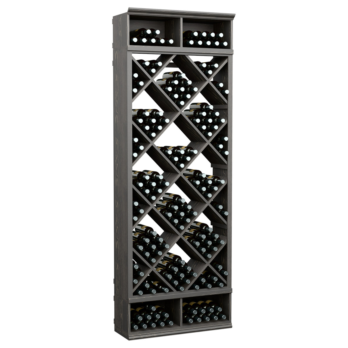 Dark wine storage cabinet with diamond lattice racks and bottle cubbies