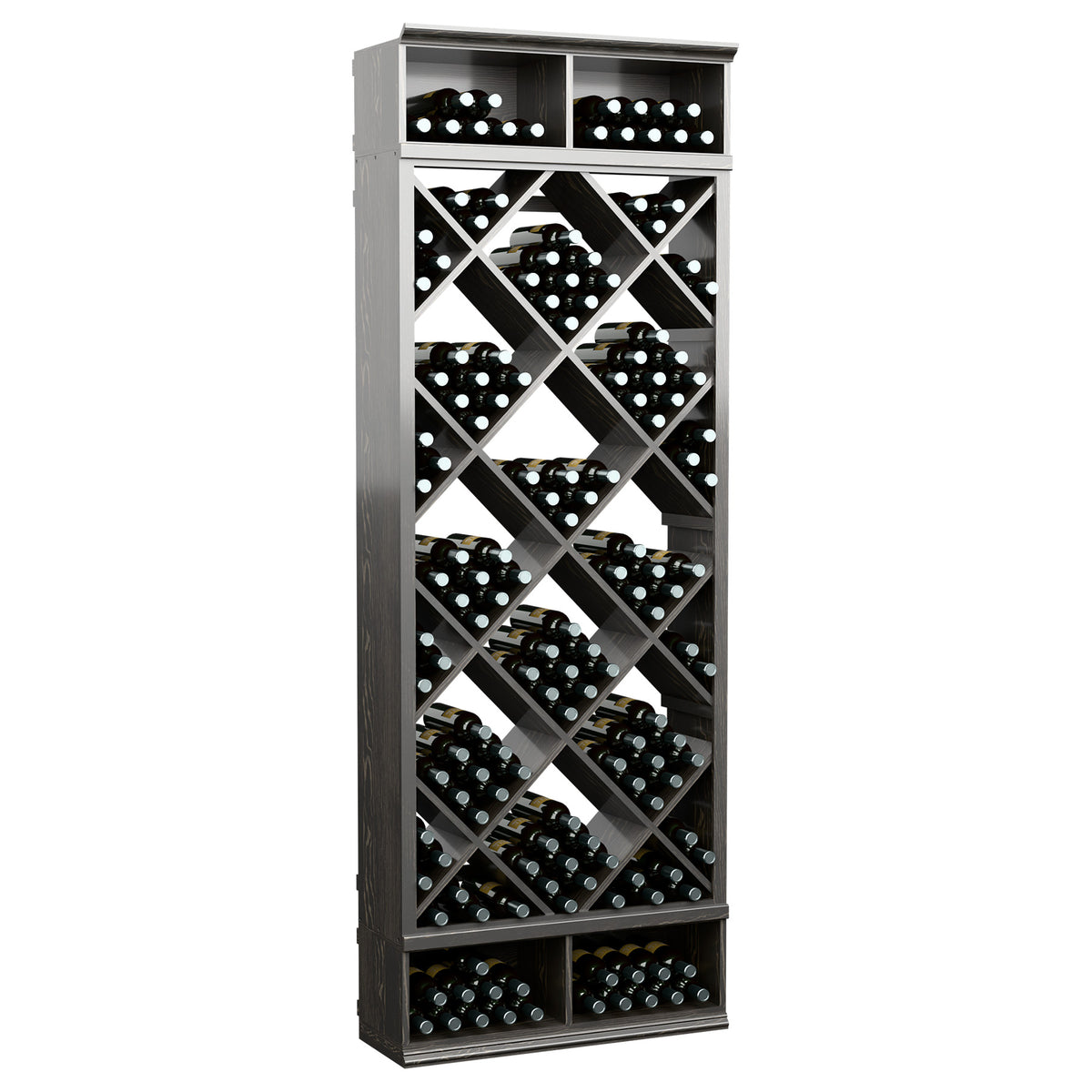 Gray wine storage cabinet with diamond lattice racks and bottle cubbies