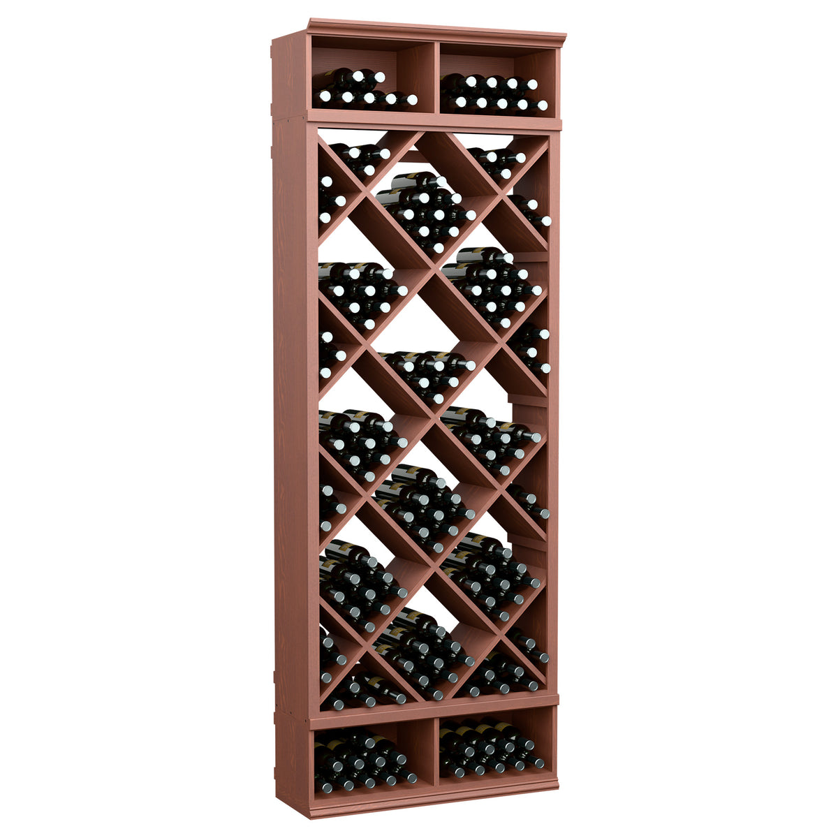 Red-brown wine storage cabinet with diamond lattice racks and bottle cubbies