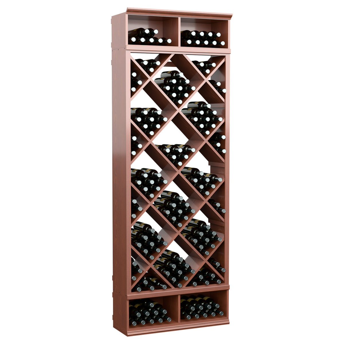 Warm brown wine storage cabinet with diamond lattice racks and bottle cubbies