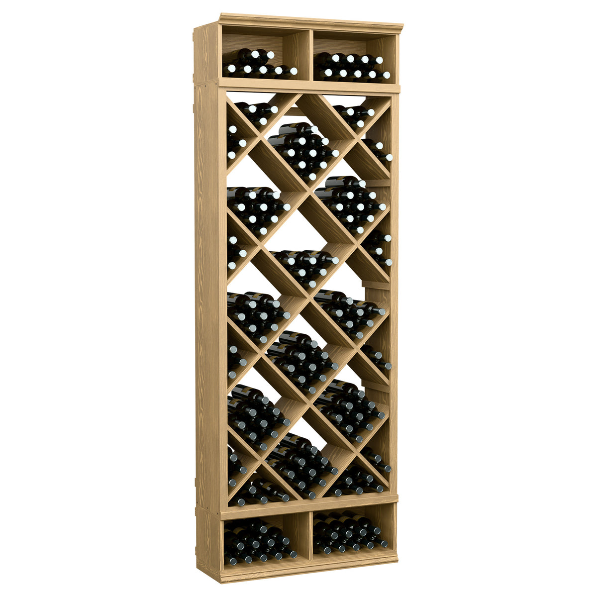 Pale wood wine storage cabinet with diamond lattice racks and bottle cubbies