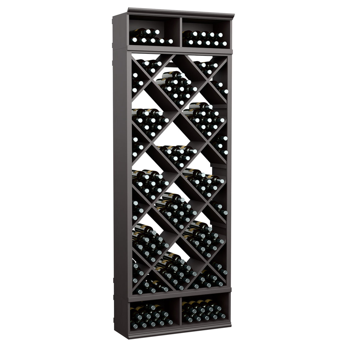 Black wine storage cabinet with diamond lattice racks and bottle cubbies