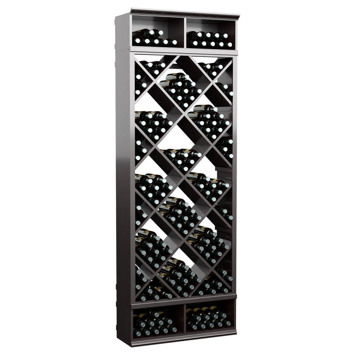 Charcoal wine storage cabinet with diamond lattice racks and bottle cubbies