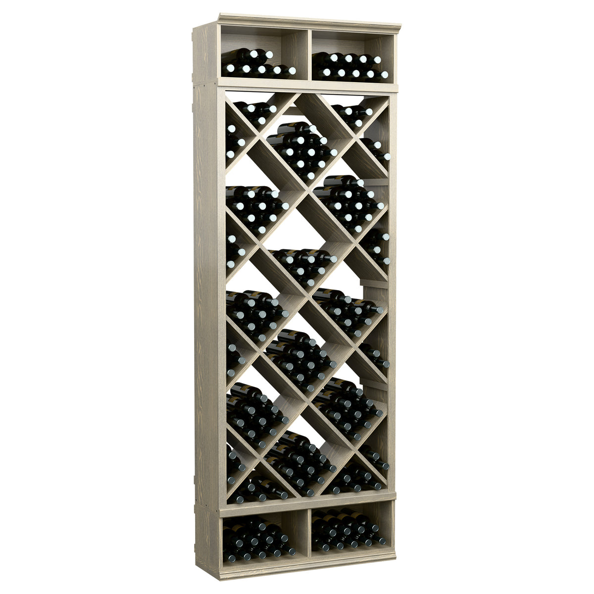 Wine bottle storage cabinet with diamond lattice racks and black bottle slots, light grey