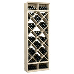 Wine bottle storage cabinet with diamond lattice racks and black bottle slots, light grey