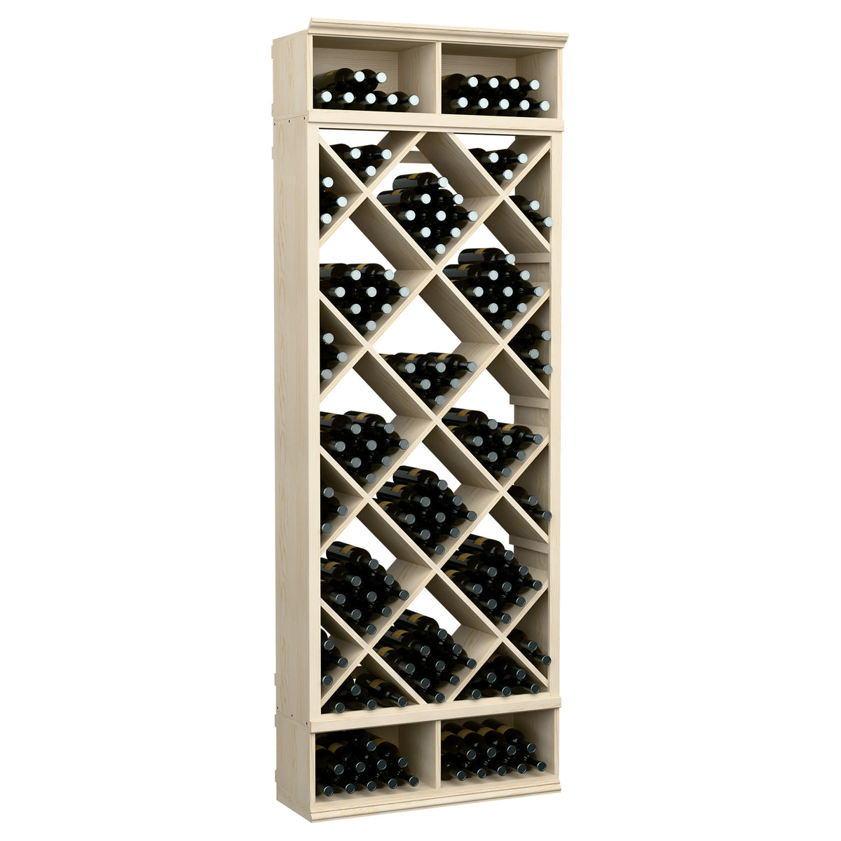 Wine bottle storage cabinet with diamond lattice racks and black bottle slots, light grey