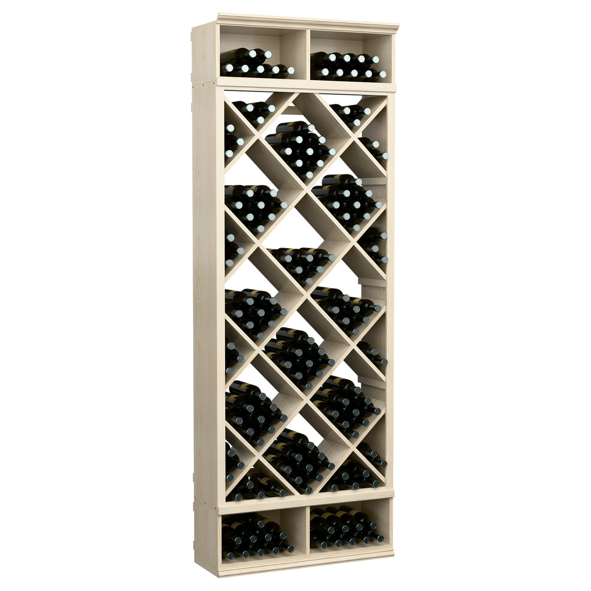 Wine bottle storage cabinet with diamond lattice racks and black bottle slots, light grey