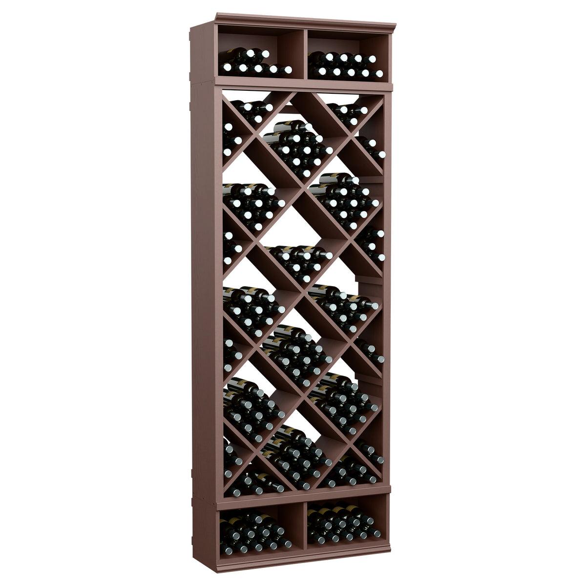 Wine bottle storage cabinet with diamond lattice racks and black bottle slots, dark brown