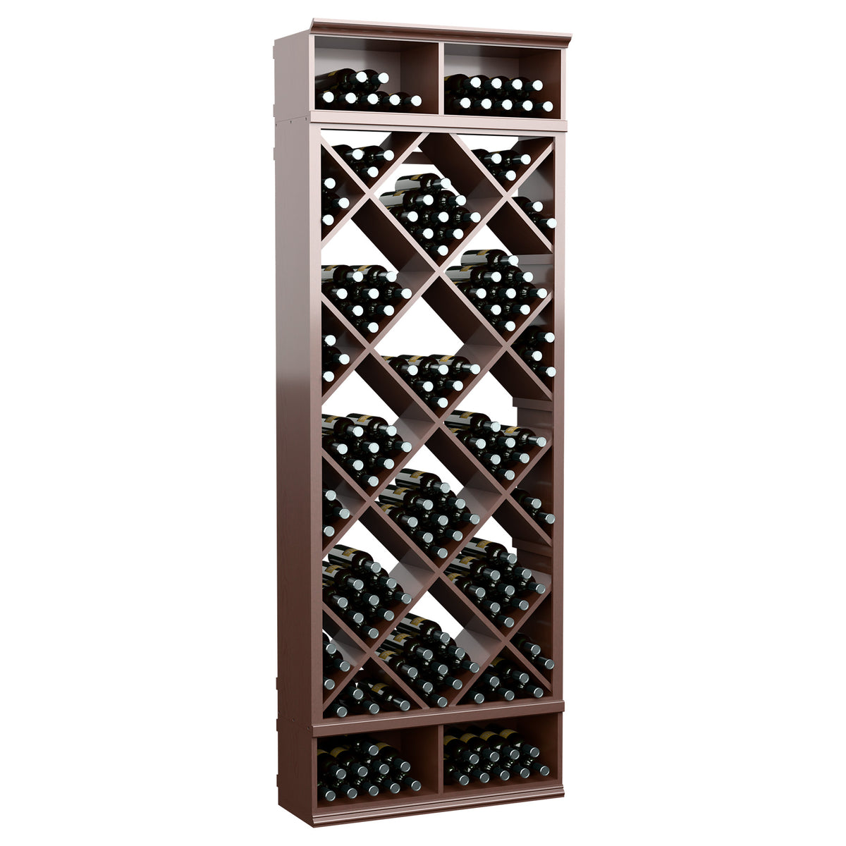 Wine bottle storage cabinet with diamond lattice racks and black bottle slots, dark brown
