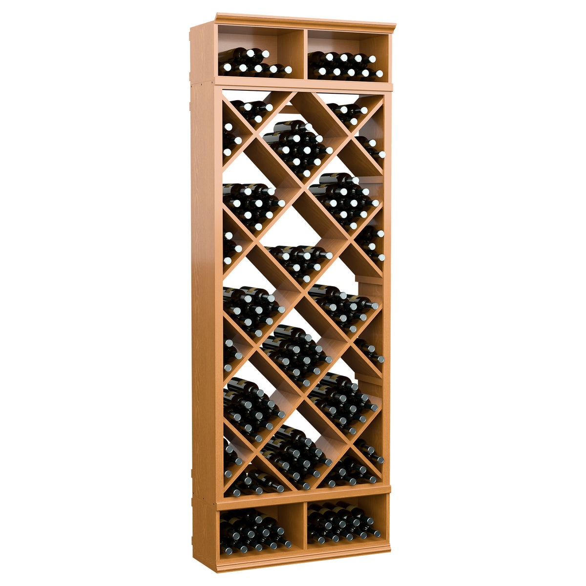 Wine bottle storage cabinet with diamond lattice racks and black bottle slots, natural wood