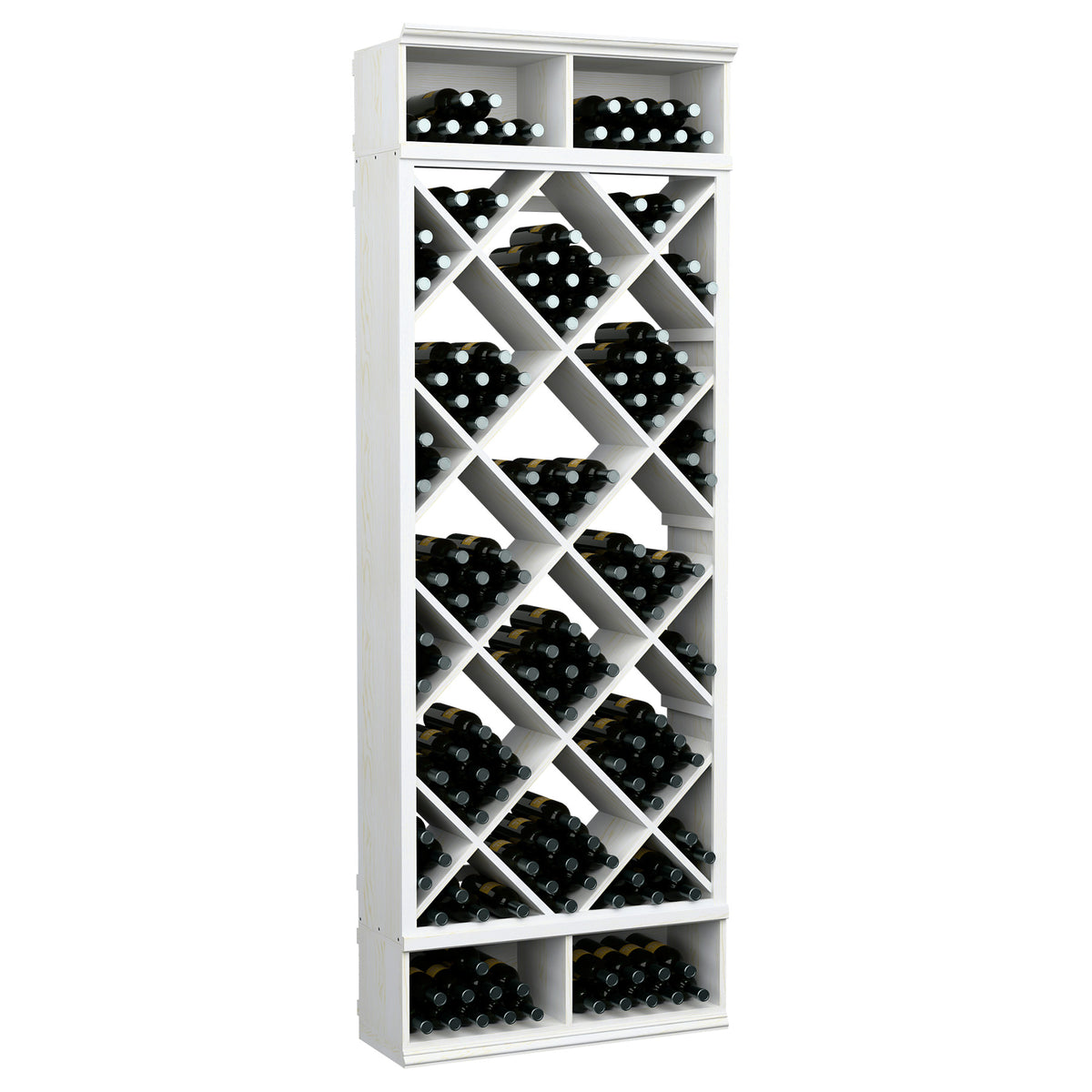 Wine bottle storage cabinet with diamond lattice racks and black bottle slots, white