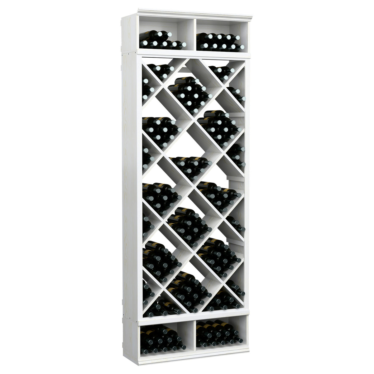 Wine bottle storage cabinet with diamond lattice racks and black bottle slots, white