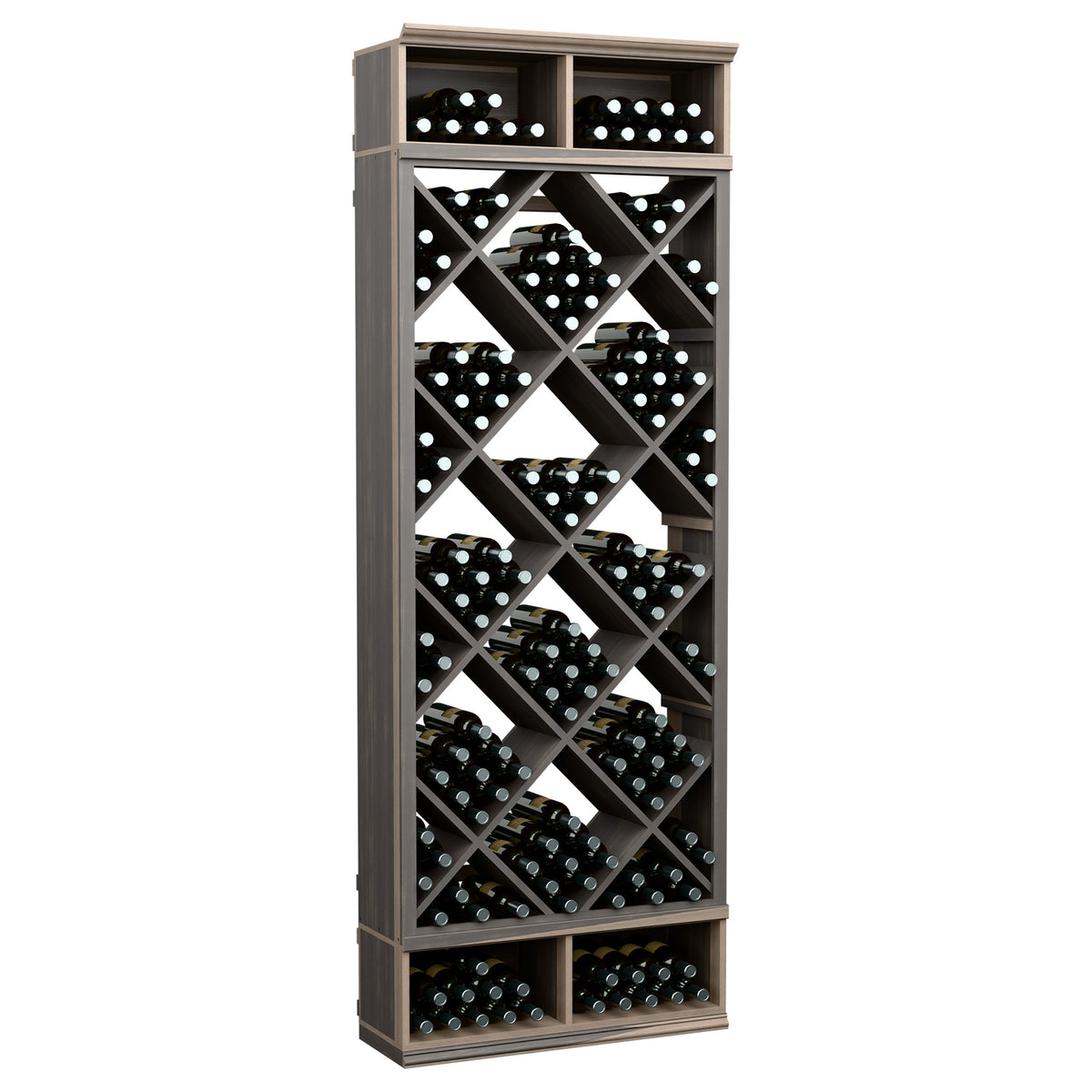 Gray wood wine storage bin with diamond lattice shelves for bottles