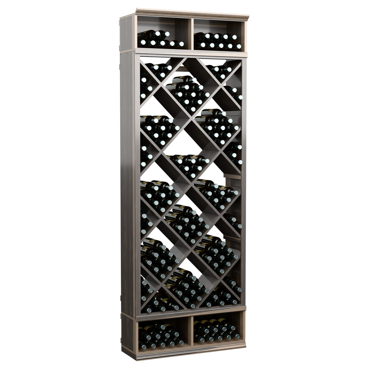 Gray wood wine storage bin with diamond lattice bottle racks and top ledges