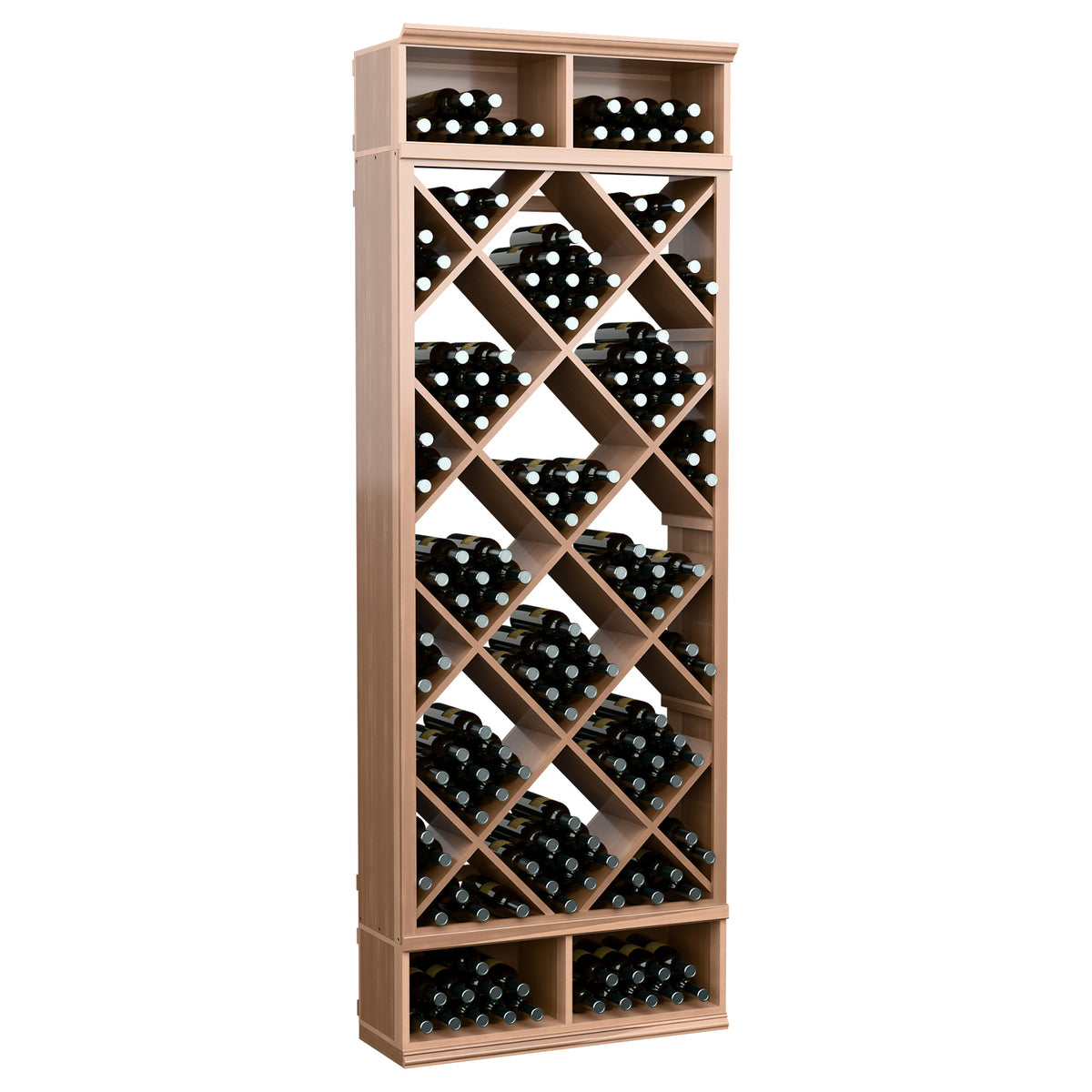 Light wood wine storage bin with diamond lattice bottle storage shelves