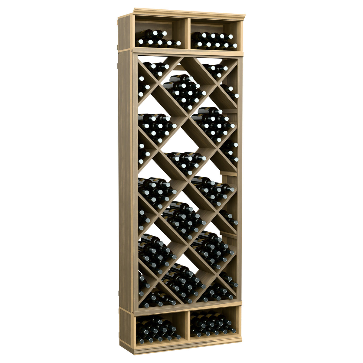Natural wood wine storage bin with diamond lattice bottle racks