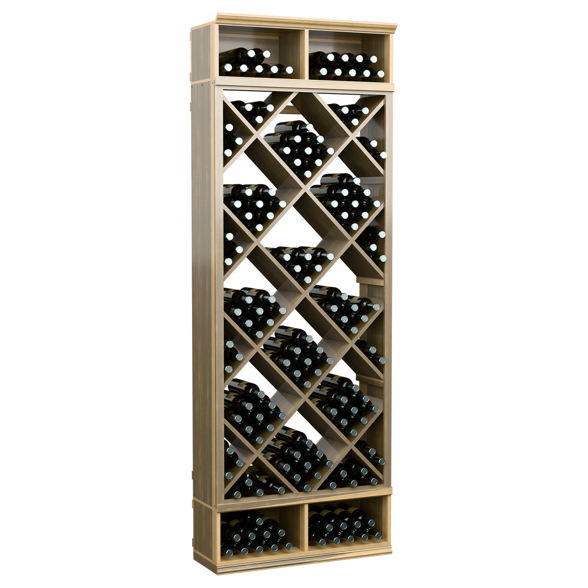 Light natural wood wine storage bin with diamond lattice bottle racks