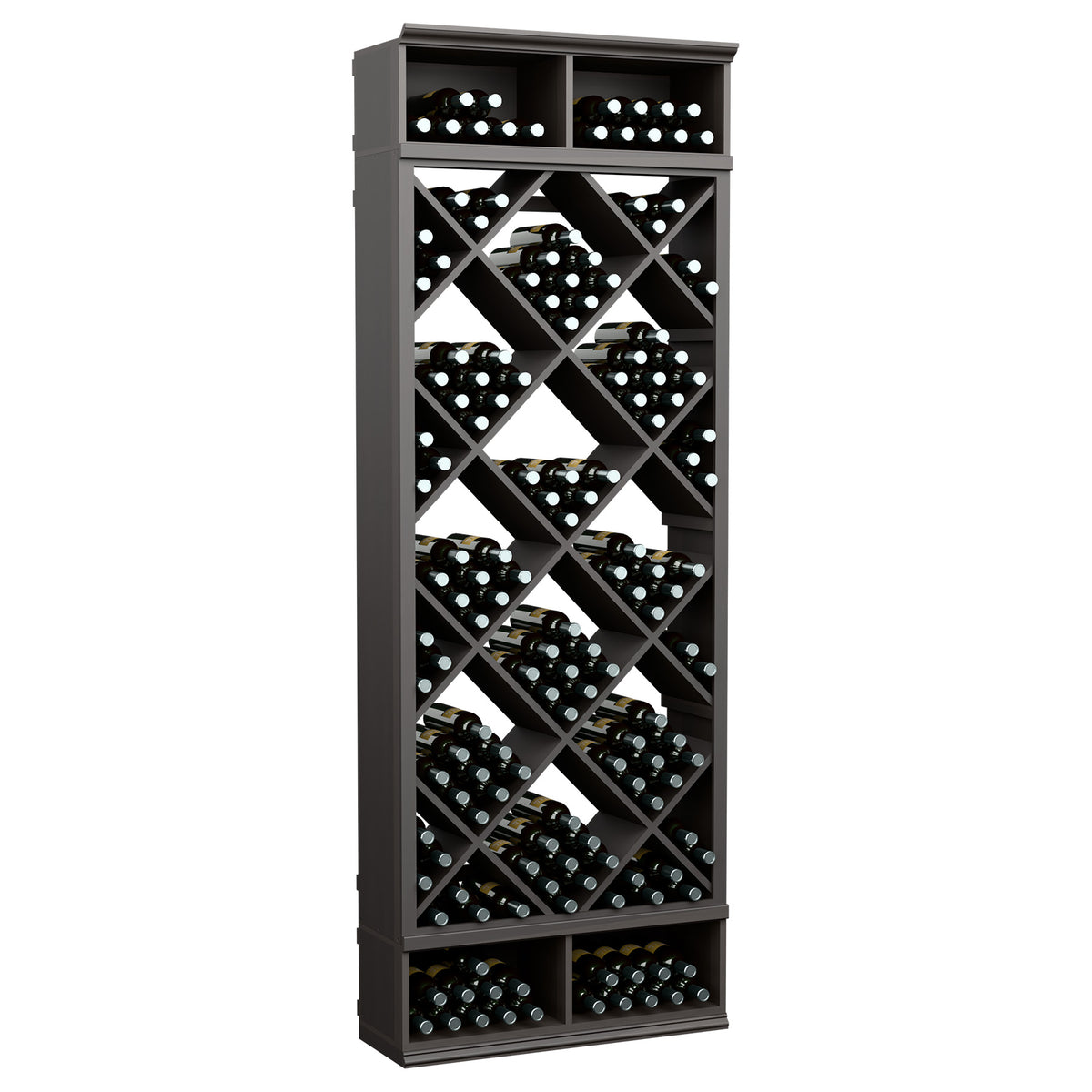 Dark gray wood wine storage bin with diamond lattice bottle racks