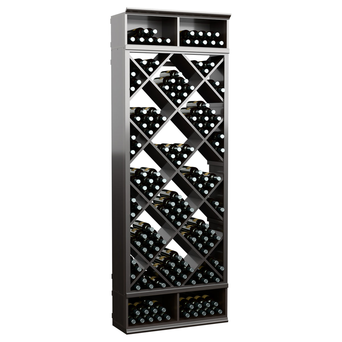 Gray wood wine storage bin with diamond lattice bottle racks and top row