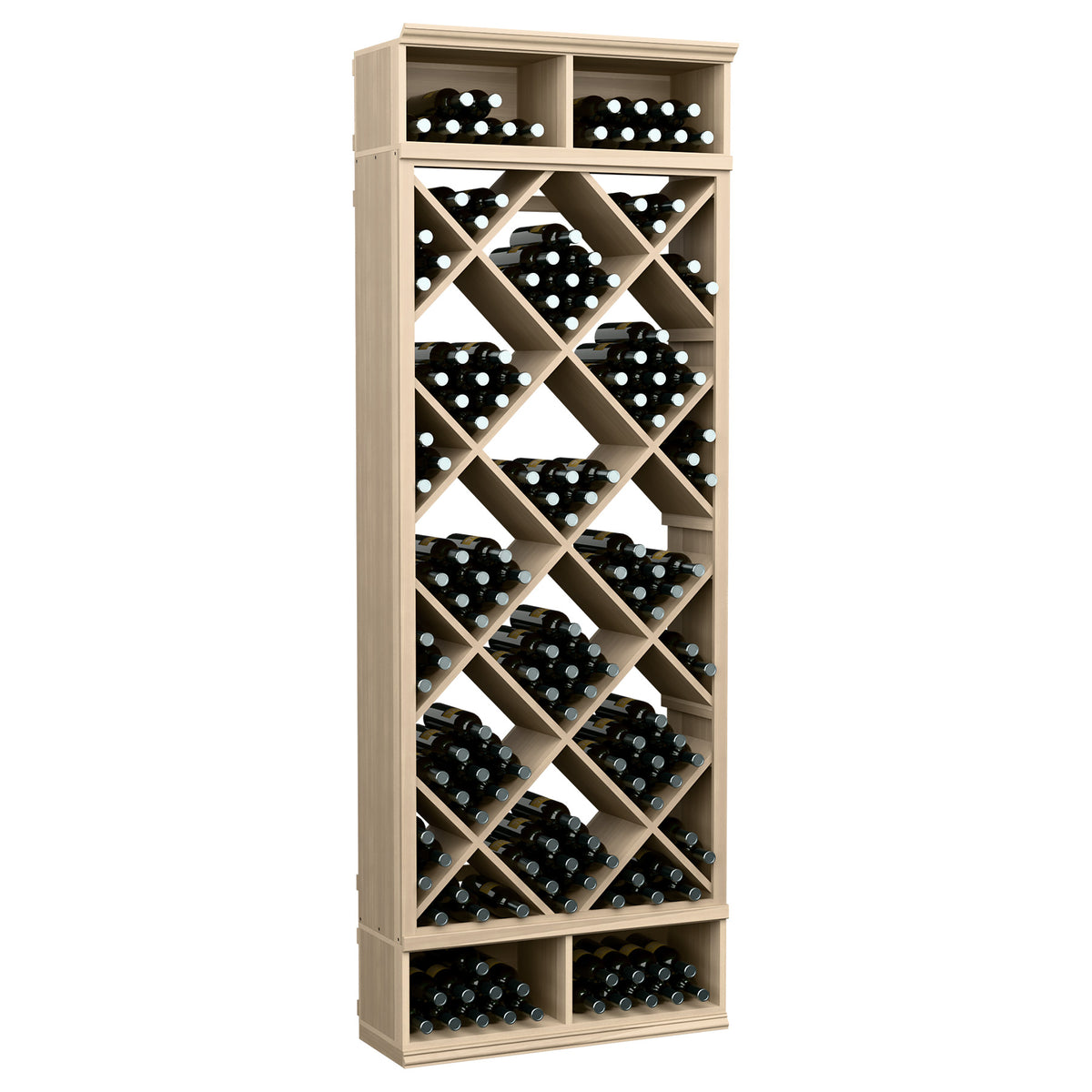 Tall wine bottle storage bin with diamond lattice shelves, light wood frame