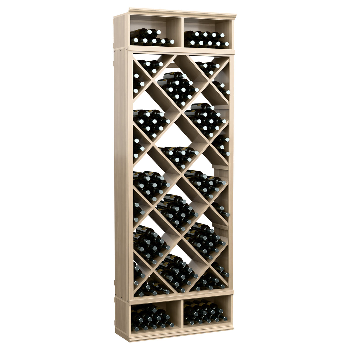 Tall wine bottle storage bin with diamond lattice shelves, light wood frame and bottles
